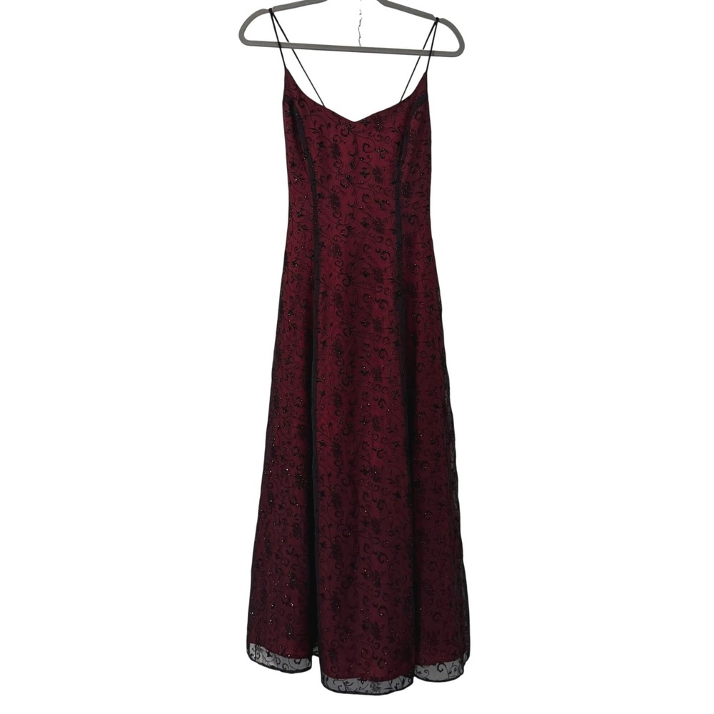 VTG Dollar Y2K Whimsigoth Goth Burgundy Prom Glitter Floral Corset Maxi Dress S
